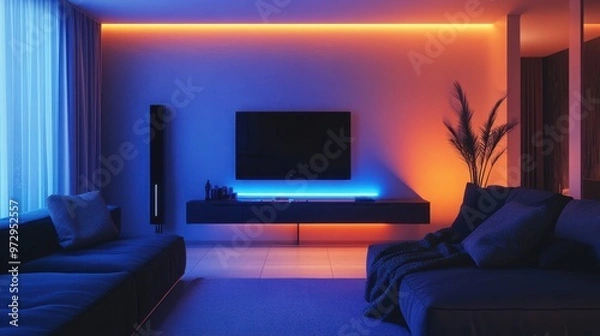 Fototapeta A mid-sized living room with LED lights, a black couch, grey walls, and a modern TV stand in the middle of the wall, with blue and orange lighting.