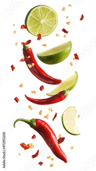 Fototapeta Falling group chili pepper and lime isolated on transparent background.