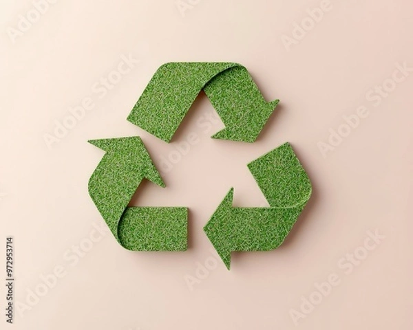 Fototapeta Recycle symbol created from soft green lines, placed on a clean beige background, minimalist design