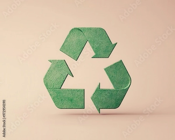 Fototapeta Simple geometric recycle symbol in soft green on a neutral beige background, clean and modern