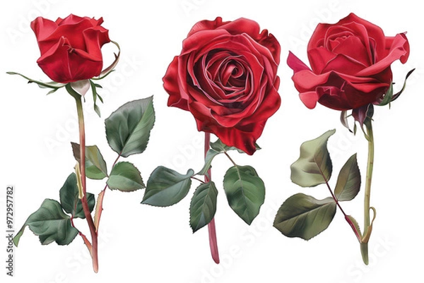 Obraz Red Roses with Stems and Leaves on Transparent Background PNG