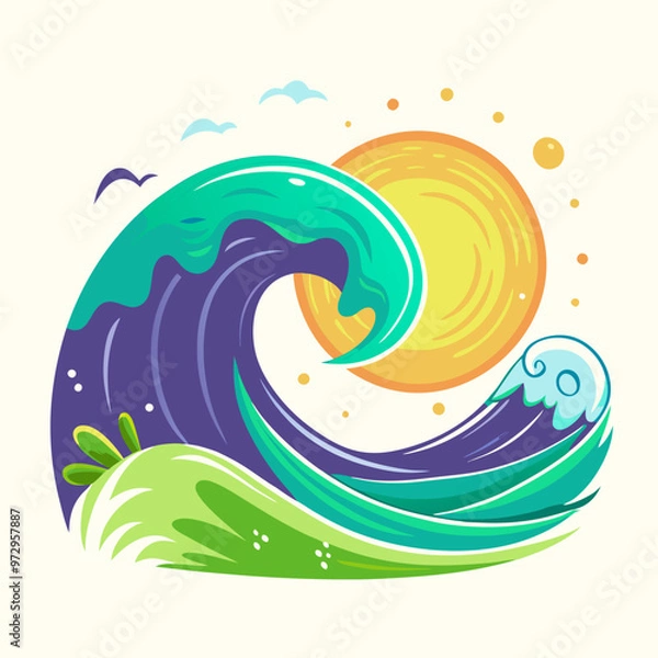 Fototapeta Abstract illustration of a large ocean wave with a bright sun in the background