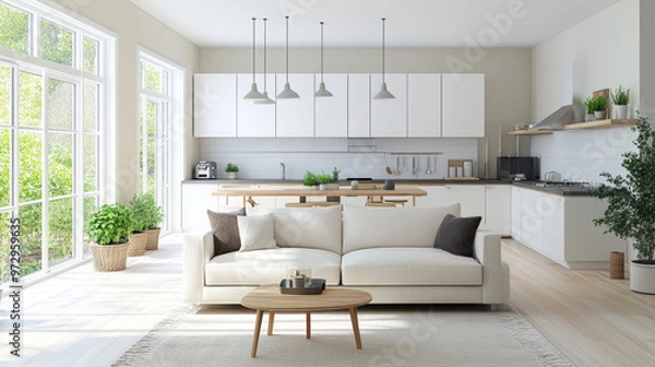 Obraz A modern kitchen and living room designed with a simple, clean style. The furniture is sleek and stylish. This is a 3D computer-generated image.