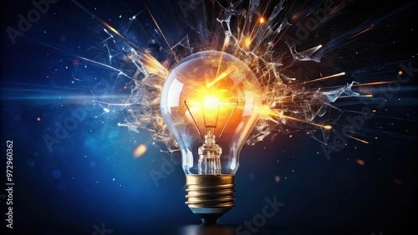 Obraz Exploding light bulb with bright light illuminating a dark background