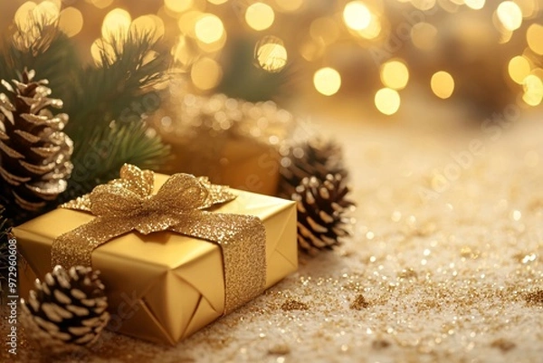 Fototapeta Golden holiday presents wrapped elegantly with bows and surrounded by pine cones, creating a festive atmosphere during winter