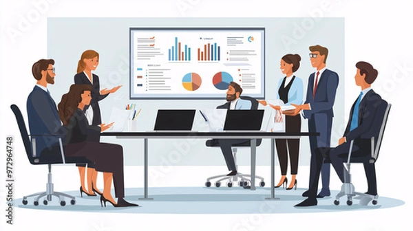 Fototapeta Illustration of a business strategy meeting with various professionals and presentation slides. 