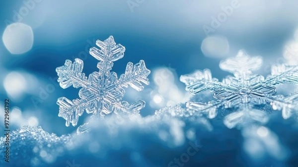 Obraz Close-up of intricate snowflakes resting against a cool blue background, highlighting their delicate patterns in sharp contrast