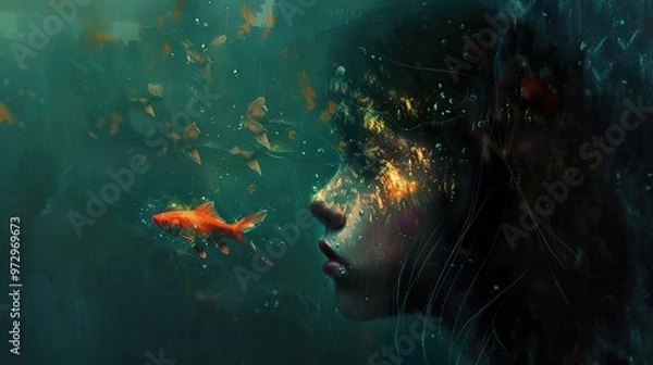 Fototapeta A young woman's face is partially obscured by water, with a goldfish swimming nearby. Her eyes are closed and she appears to be dreaming.