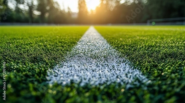Fototapeta this Soccer ball on a lush green field in a stadium, positioned in the midfield ready for the game.