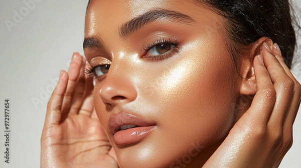 Fototapeta Close-up of a person carefully applying bronzer to her cheeks and forehead, with a soft, radiant finish. 
