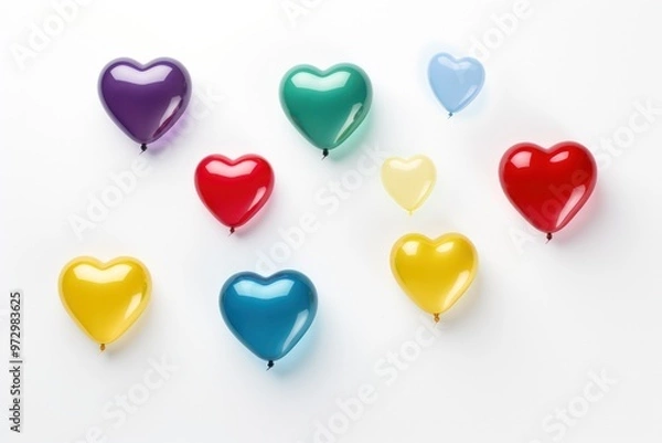 Fototapeta A photorealistic depiction of the most popular heart emojis (yellow, green, blue, red, and purple) floating in mid-air