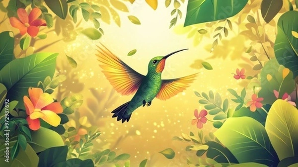 Fototapeta Beautiful vector illustration of a hummingbird in flight, surrounded by lush greenery and colorful flowers, with a bright golden background