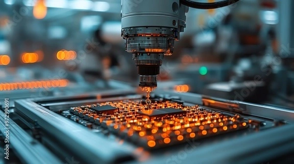 Obraz Closeup of a robotic arm assembling small electronic components in a futuristic factory, precision and automation concept