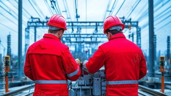 Fototapeta Two workers in red uniforms manage electrical equipment at a power station, ensuring safety and efficiency in operations.