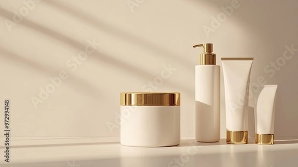 Fototapeta A minimalist 3D rendering of beauty products in white and gold, including a face cream jar, cosmetic bottle, and spray tube. Perfect for skincare or hair care branding visuals.