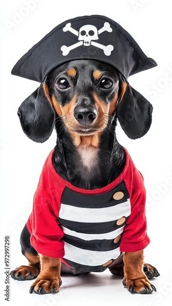Fototapeta A playful dog dressed as a pirate, showcasing a charming outfit and hat. Perfect for pet lovers and themed parties.