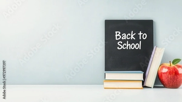 Fototapeta Chalkboard with "Back to School" written in classic fonts, with chalk-drawn books and a teacher???s apple
