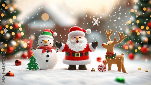 Fototapeta Cartoon Santa Claus with happy snowman and reindeer in snowy landscape. for Your Christmas and New Year greeting Design or Animation. Cartoon holiday character. Santa Claus. Cute Santa Claus 3D 