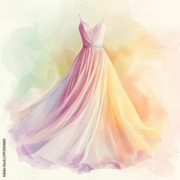 Fototapeta Elegant watercolor dress design featuring soft hues and flowing fabric, perfect for fashion illustrations and bridal concepts.