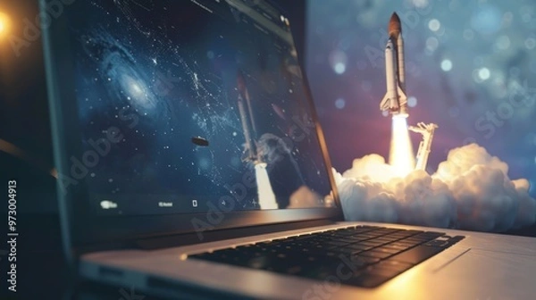 Obraz Laptop Displaying a Rocket Launch into Space