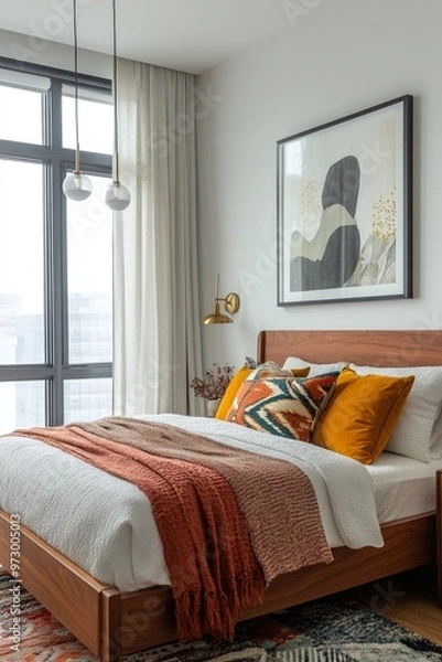 Fototapeta A mid-century modern interior photo of a country house bedroom with an art frame hanging and fluffy bed. Generative AI

