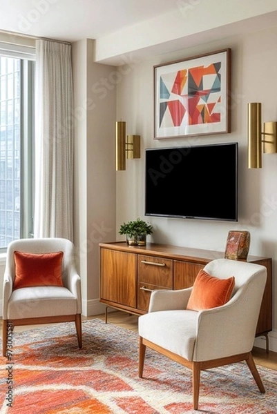 Obraz A photo of a mid-century modern interior in a small apartment living room with wood furniture and armchairs and TVs. Generative AI
