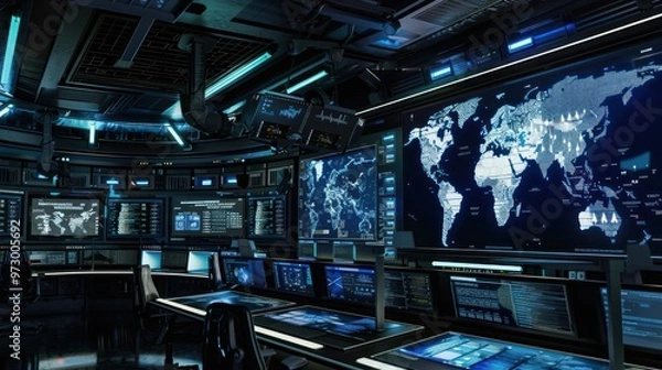 Obraz Futuristic Control Room with Monitors Displaying World Map