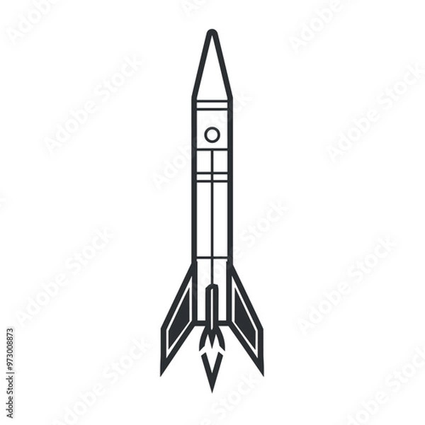 Fototapeta Minimalist black and white line drawing of a rocket on a white background.