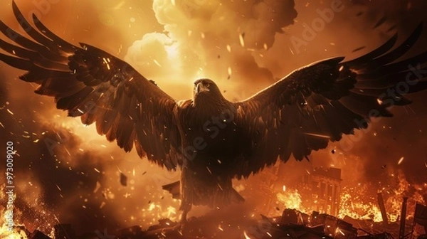 Obraz Eagle Soaring Above a Fiery Cityscape