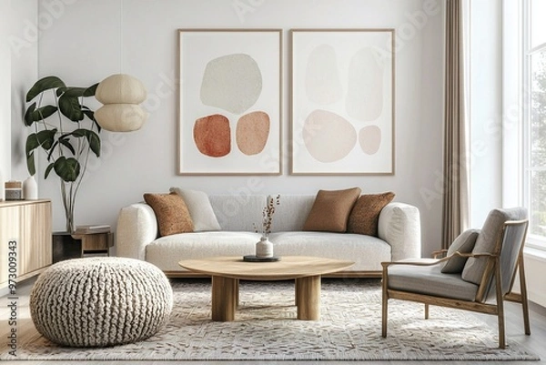 Fototapeta A Scandinavian interior photo of a residential bedroom with walls and beds decorated with soft curved patterns using wood. Generative AI
