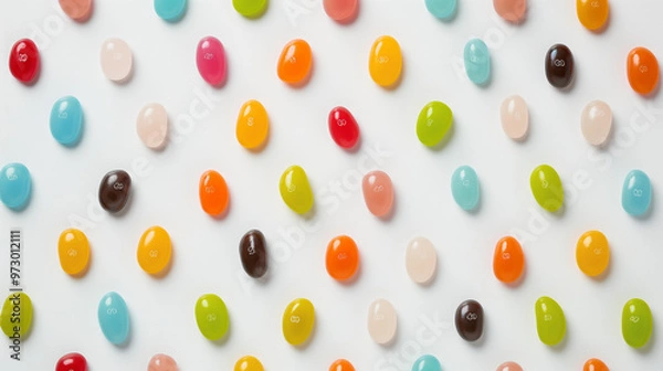 Fototapeta a grid of jelly beans, flat lay photography, colorful, white background, top view, pattern