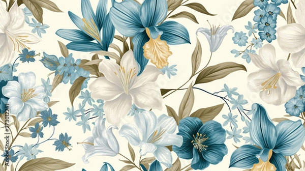 Fototapeta A vintage-style floral pattern with lilies and orchids in shades of blue, cream white and gold on an off-white background.