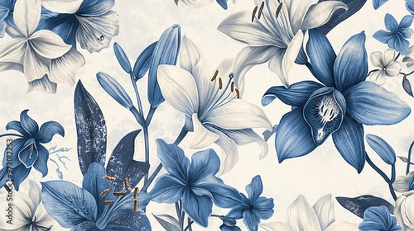 Fototapeta A vintage-style floral pattern with lilies and orchids in shades of blue, cream white and gold on an off-white background.