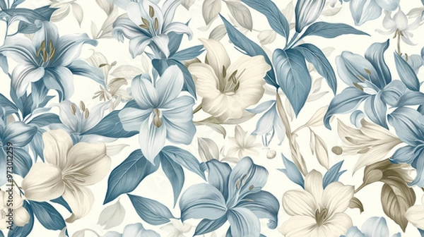 Fototapeta A vintage-style floral pattern with lilies and orchids in shades of blue, cream white and gold on an off-white background.