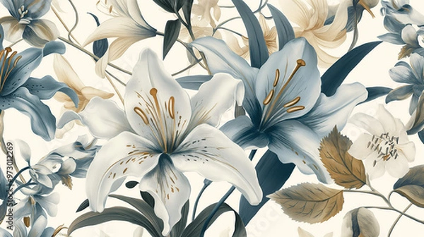 Fototapeta A vintage-style floral pattern with lilies and orchids in shades of blue, cream white and gold on an off-white background.