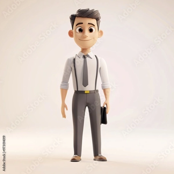 Obraz A smiling businessman in a suit and tie, holding a briefcase, depicted in a cartoonish vector illustration