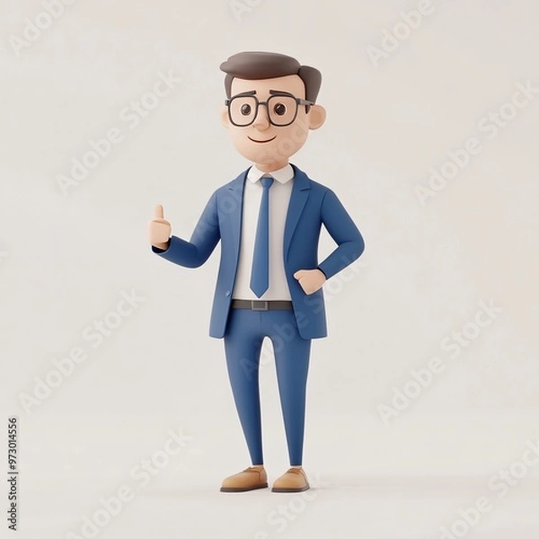 Obraz A cartoon businessman in a suit, with glasses, giving a thumbs up and a thumbs down, holding a pen, smiling, standing in an office setting