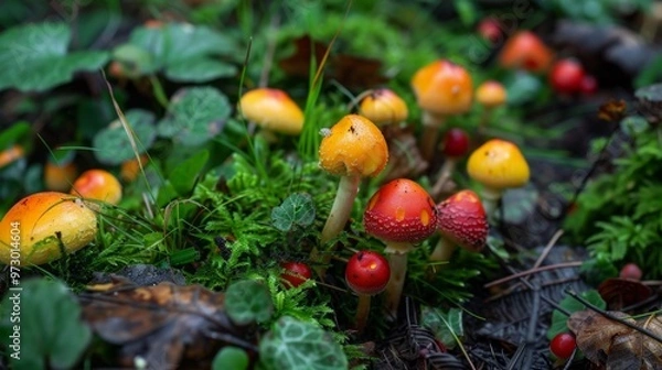 Obraz vibrant collection of multicolored fungi and autumn leaves, creating a striking pattern of natural beauty