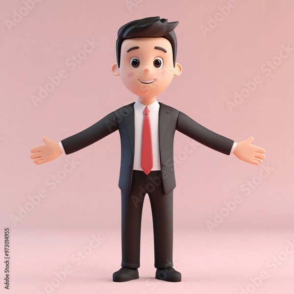 Obraz A cartoon businessman in a suit is standing in an office, smiling and pointing with his hand, symbolizing success and professionalism