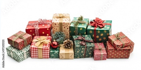 Obraz “Christmas gift boxes with ribbons and bows, wrapped in colorful paper, isolated on white background”