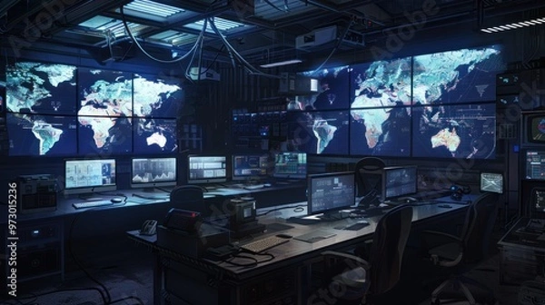 Fototapeta Cybersecurity Command Center: Global Surveillance