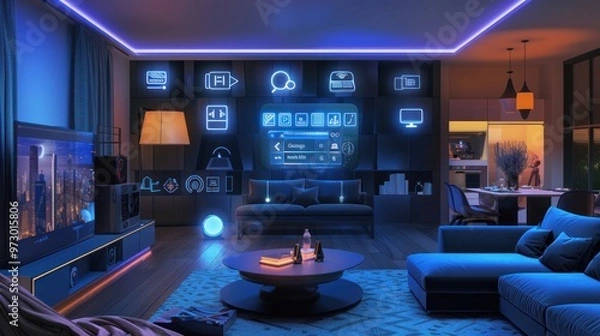 Obraz Futuristic Smart Home Living Room with Neon Lights