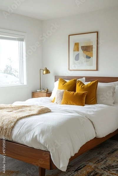 Obraz A photo of a mid century modern interior in a cozy bedroom with white walls hanging with art frames and a bed for sleeping. Generative AI
