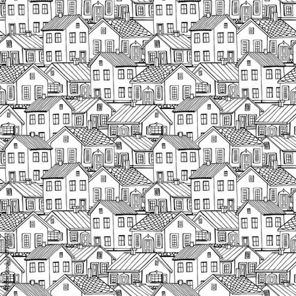 Fototapeta Beautiful monochrome Houses set with trees vector seamless pattern.