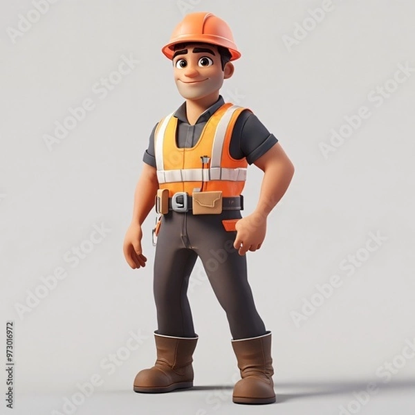 Fototapeta A smiling worker in a helmet and uniform stands with a hammer and chisel on a construction site