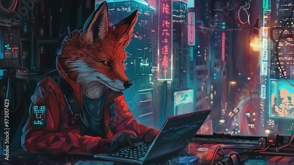 Obraz Cyberpunk Fox Hacker in a Neon City