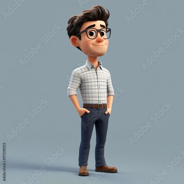 Obraz Portrait of a fashionable young man in sunglasses and jeans, smiling and posing casually in a studio setting