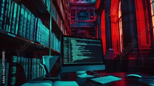 Obraz Computer in a Library Setting with Red and Blue Lighting