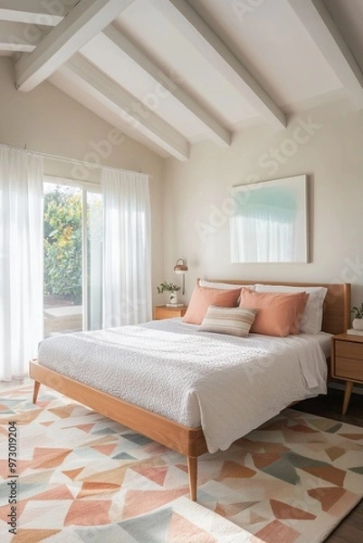 Fototapeta A photo of the mid-century modern interior of a house bedroom with a white-walled room and comfortable bed. Generative AI
