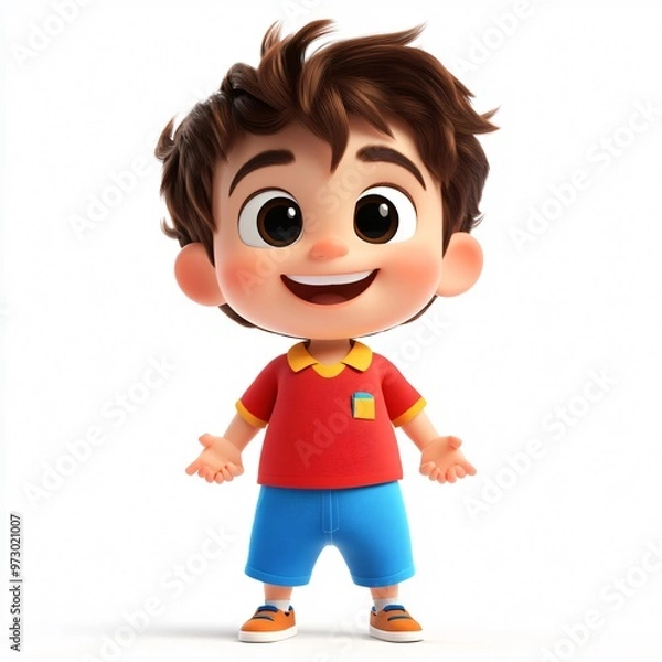 Obraz Cartoon illustration of a smiling little boy in a shirt, showing a cute and happy child in a vector style drawing